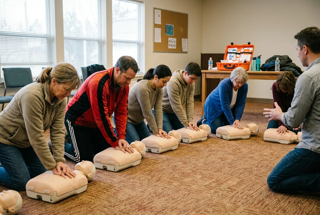 A community CPR class of adults in everyday clothes kneeling in a semicircle, each practicing chest compressions on their own manikin while an instructor guides them
