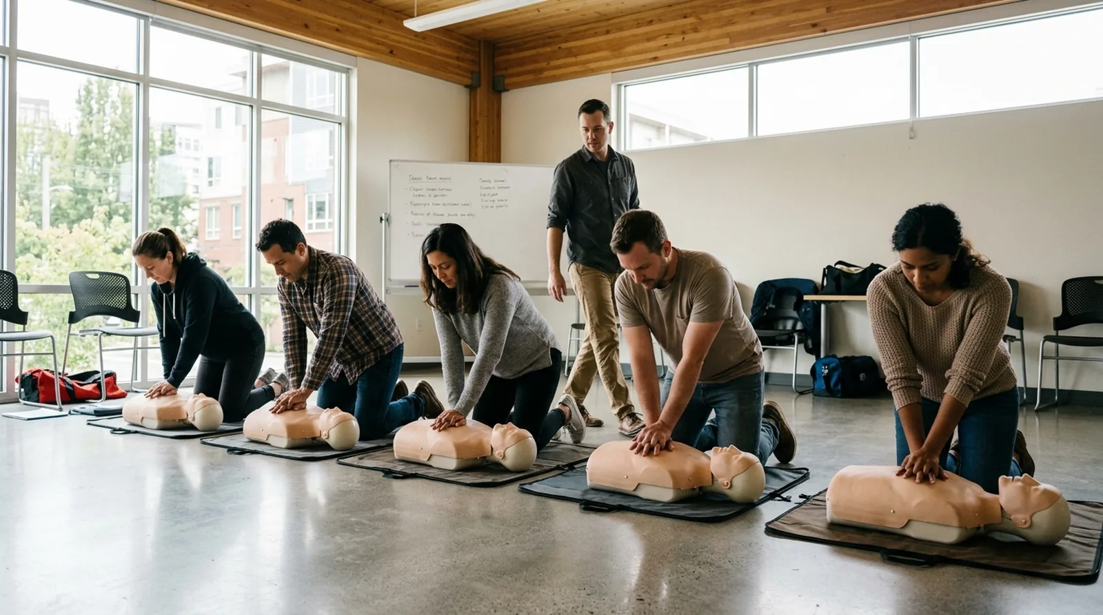 Five adults kneeling in a row in a bright training room, each doing chest compressions on their own CPR manikin while an instructor walks the line watching