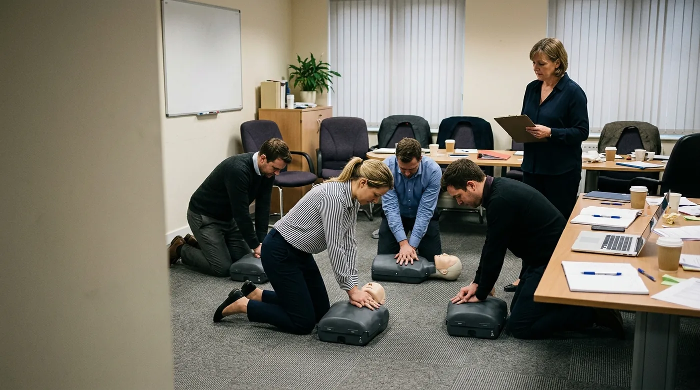 Colleagues in an office conference room kneeling around CPR manikins while a trainer watches